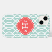 Minze und Coral Modern Trellis Custom Monogram Case-Mate iPhone Hülle (Rückseite (Horizontal))
