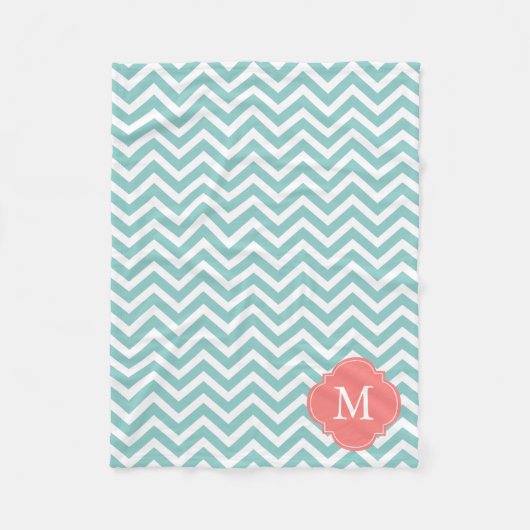 Minze und Coral Zigzag Muster Monogram Fleecedecke (Vorderseite)