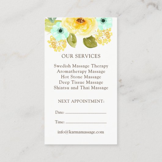 Minze und Gelb-BlumenVisitenkarten Terminkarte (Rückseite)