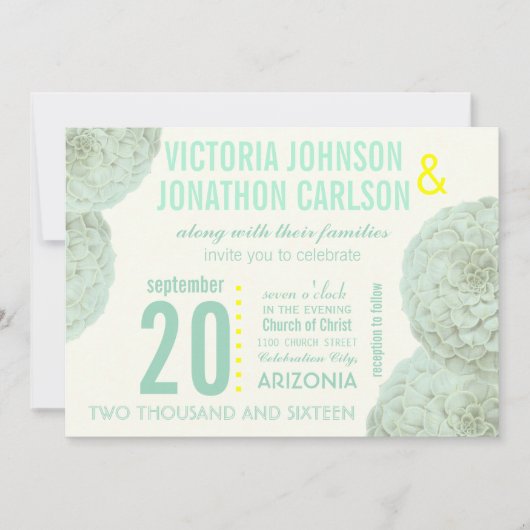 Minze und gelbe Sukkulente Moderne Hochzeit Einladung (Vorderseite)