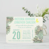 Minze und gelbe Sukkulente Moderne Hochzeit Einladung (Stehend Vorderseite)