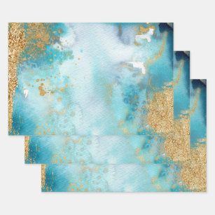 Minze und Gold Abstrakte Wasserfarbe Kunst Geschenkpapier Set