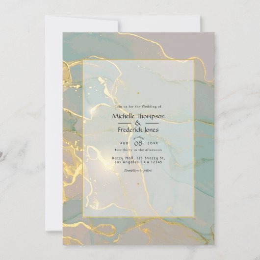 Minze und Gold Alkohol Tinte Marmor Hochzeit Einladung (Vorderseite)