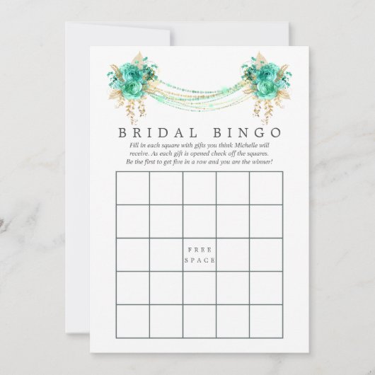Minze und Gold Floral String Lights Bridal Bingo (Vorderseite)