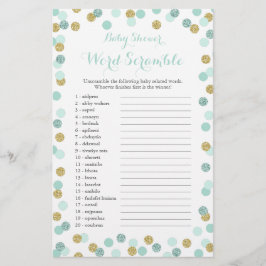 Minze und Gold Glitzer Baby Shower Word Scramble Flyer
