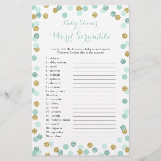 Minze und Gold Glitzer Baby Shower Word Scramble Flyer (Vorne)