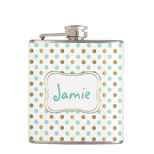 Minze und Gold Polka Dot Custom Flask Flachmann (Vorderseite)