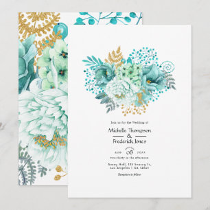 Minze und Gold Wasserfarben Blumenhochzeit Einladung