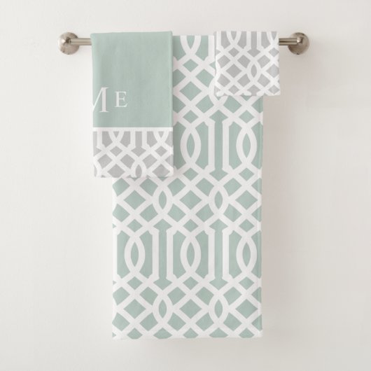 Minze und Gray Trellis Monogramm | Editierbare Far Badhandtuch Set (Insitu)