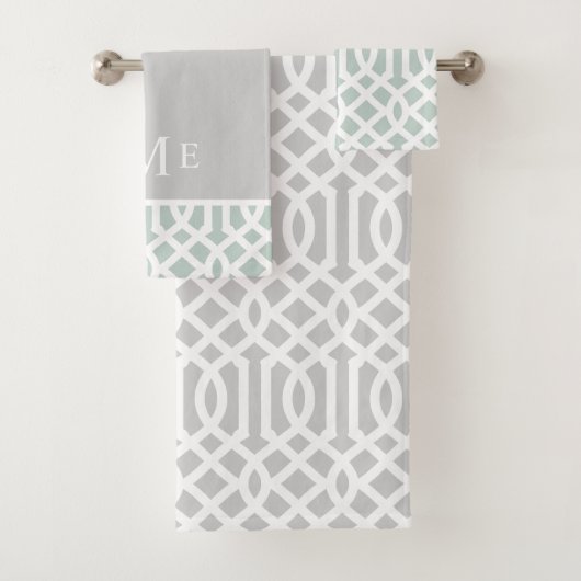 Minze und Gray Trellis Monogramm | Editierbare Far Badhandtuch Set (Insitu)