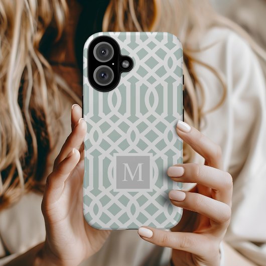 Minze und Gray Trellis Monogramm | Editierbare Far Case-Mate iPhone Hülle