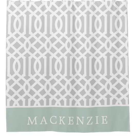 Minze und Gray Trellis Monogramm | Editierbare Far Duschvorhang (Vorderseite)