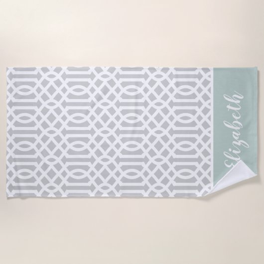 Minze und Gray Trellis Monogramm | Editierbare Far Strandtuch (Vorderseite)