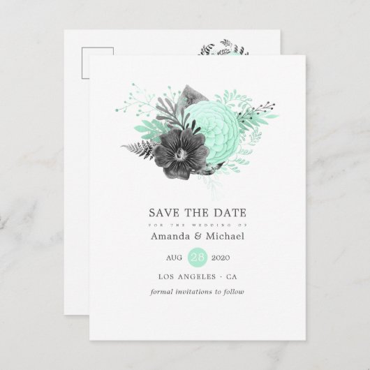 Minze und Holzkohle Blüten rustikal Save the Date Ankündigungspostkarte (Vorne/Hinten)