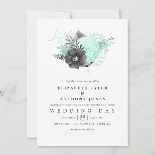 Minze und Holzkohle Rustikale Hochzeit Einladung (Vorderseite)