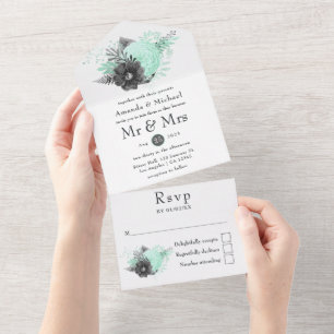 Minze und Holzkohle Rustikale Hochzeit in einem All In One Einladung