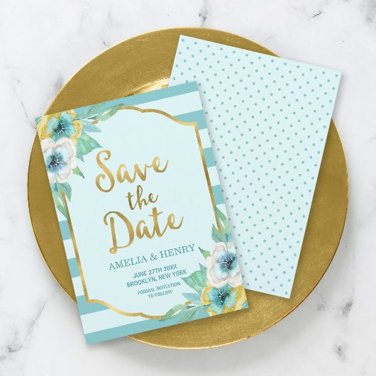 Minze und Imitate Gold Floral Save the Date Karte