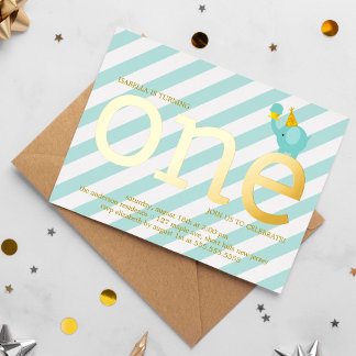 Minze und Imitate Goldene Foil Elefant Geburtstags Folieneinladung