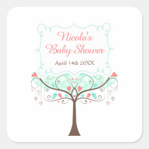 Minze und Korallen Blumen-Vogel-Baby-Party Quadratischer Aufkleber