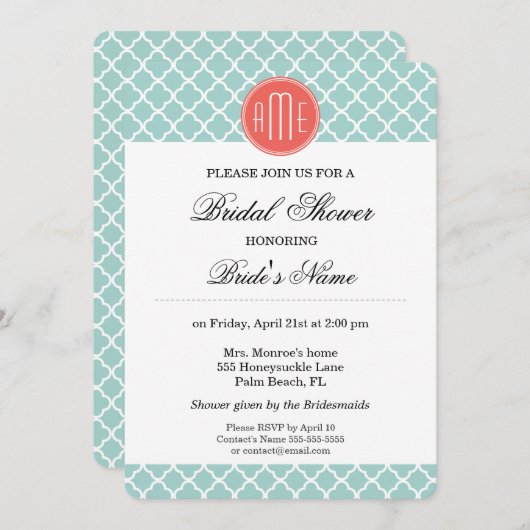 Minze und Korallenfolie mit benutzerdefiniertem Mo Einladung (Vorne/Hinten)