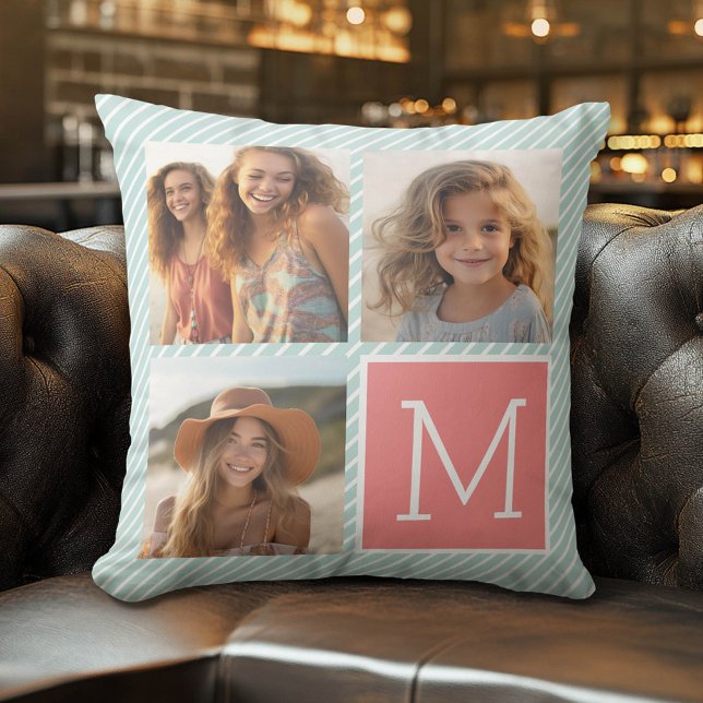 Minze und Korallenfoto-Collage Custom Monogram Kissen (Custom Pillow)