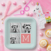 Minze und Korallenfoto-Collage Custom Monogram Pappteller (Party)