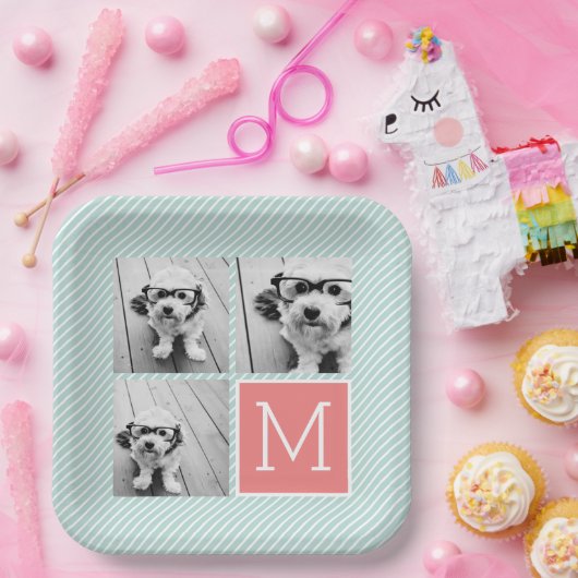 Minze und Korallenfoto-Collage Custom Monogram Pappteller (Party)