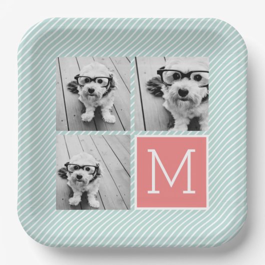 Minze und Korallenfoto-Collage Custom Monogram Pappteller (Vorderseite)