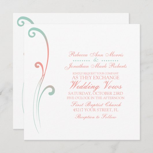 Minze und Pfirsich verblasste Blüh Hochzeit Einlad Einladung (Vorne/Hinten)