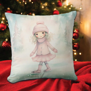 Minze und Pink Winter Scene Girl Skaten Kissen