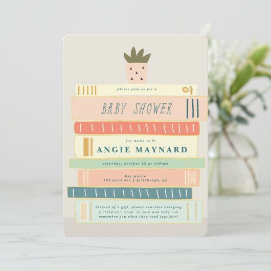 Minze und rosa Bücher für Babydusche Einladung (Stehend Vorderseite)