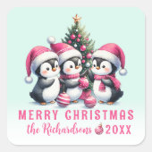 Minze und rosa Funny Pinguine Custom Weihnachten Quadratischer Aufkleber (Vorderseite)