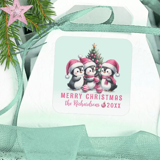 Minze und rosa Funny Pinguine Custom Weihnachten Quadratischer Aufkleber