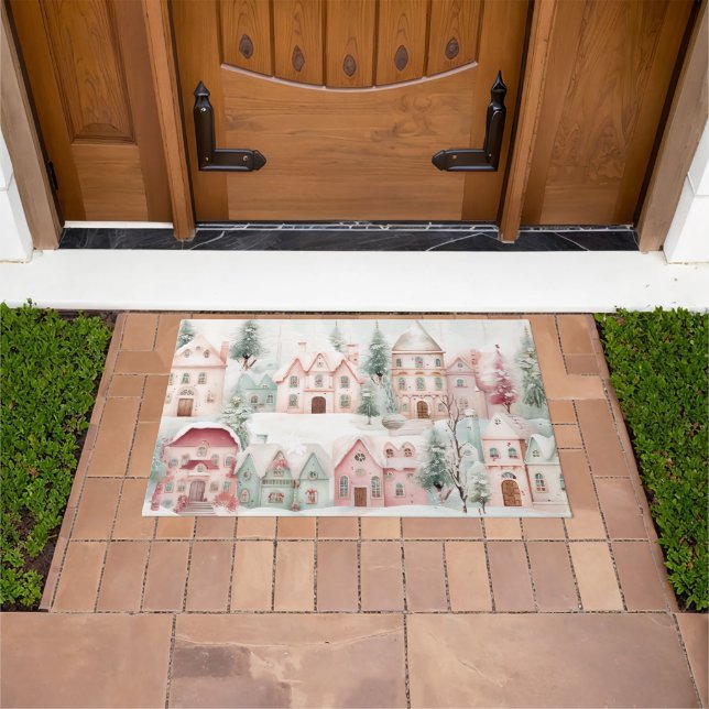 Minze und rosa Gemütliche Wasserfarben Winterlands Fußmatte (Außenbereich)