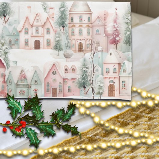 Minze und rosa Gemütliche Wasserfarben Winterlands Kissenbezug