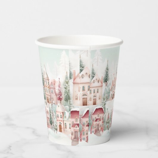 Minze und rosa Gemütliche Wasserfarben Winterlands Pappbecher (Rechts)