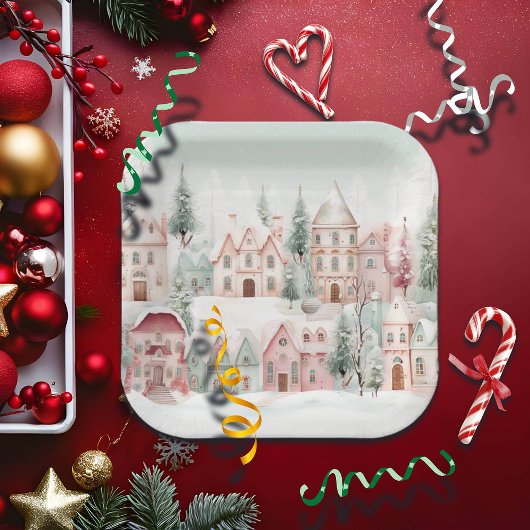 Minze und rosa Gemütliche Wasserfarben Winterlands Pappteller