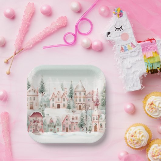 Minze und rosa Gemütliche Wasserfarben Winterlands Pappteller (Party)