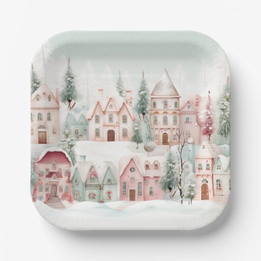 Minze und rosa Gemütliche Wasserfarben Winterlands Pappteller (Vorderseite)