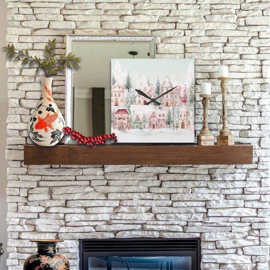 Minze und rosa Gemütliche Wasserfarben Winterlands Quadratische Wanduhr