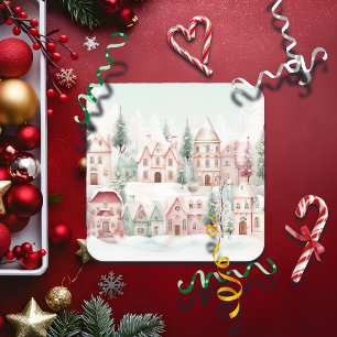 Minze und rosa Gemütliche Wasserfarben Winterlands Rechteckiger Pappuntersetzer