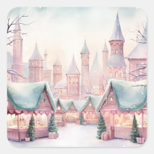 Minze und rosa Gemütlicher Weihnachtsmarkt - Winte Quadratischer Aufkleber