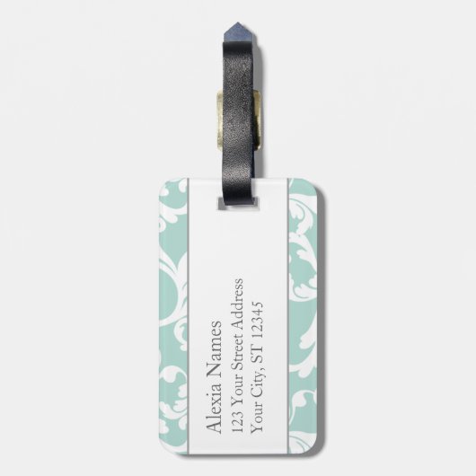 Minze und Rosa-mit Monogramm Damast-Druck Gepäckanhänger (Rückseite vertikal)