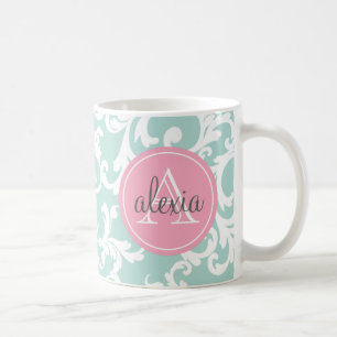 Minze und Rosa-mit Monogramm Damast-Druck Kaffeetasse