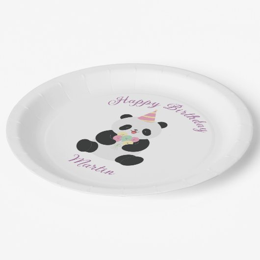 Minze und rosa Panda-Design Pappteller (Schrägansicht)
