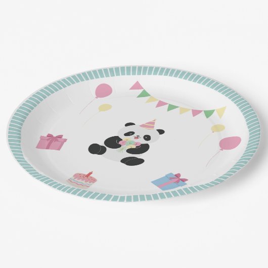 Minze und rosa Panda-Design Pappteller (Schrägansicht)