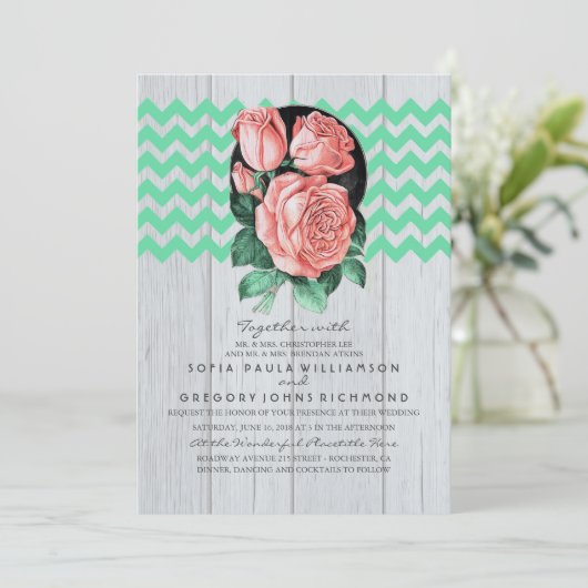 Minze und rosa Rustikale Chic Hochzeitseinladungen Einladung (Stehend Vorderseite)