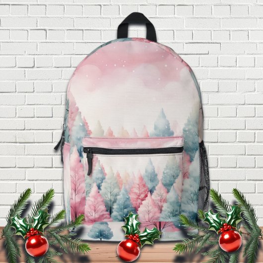 Minze und rosa Tannenbäume Winterlandschaft Bedruckter Rucksack