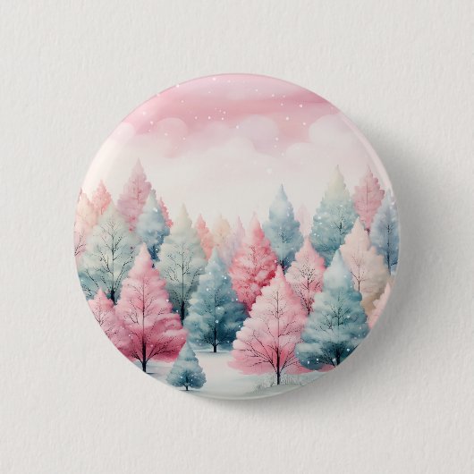 Minze und rosa Tannenbäume Winterlandschaft Button (Vorderseite)