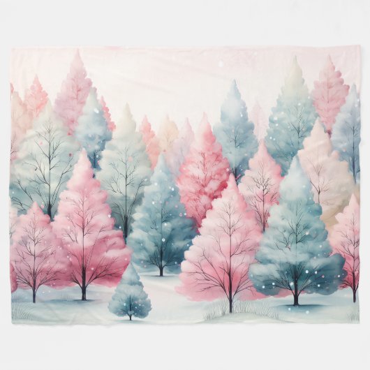 Minze und rosa Tannenbäume Winterlandschaft Fleecedecke (Vorderseite (Horizontal))